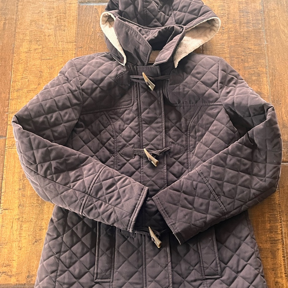 English Laundry Esprit brown quilted toggle puffer jacket w/ faux fur lined hood